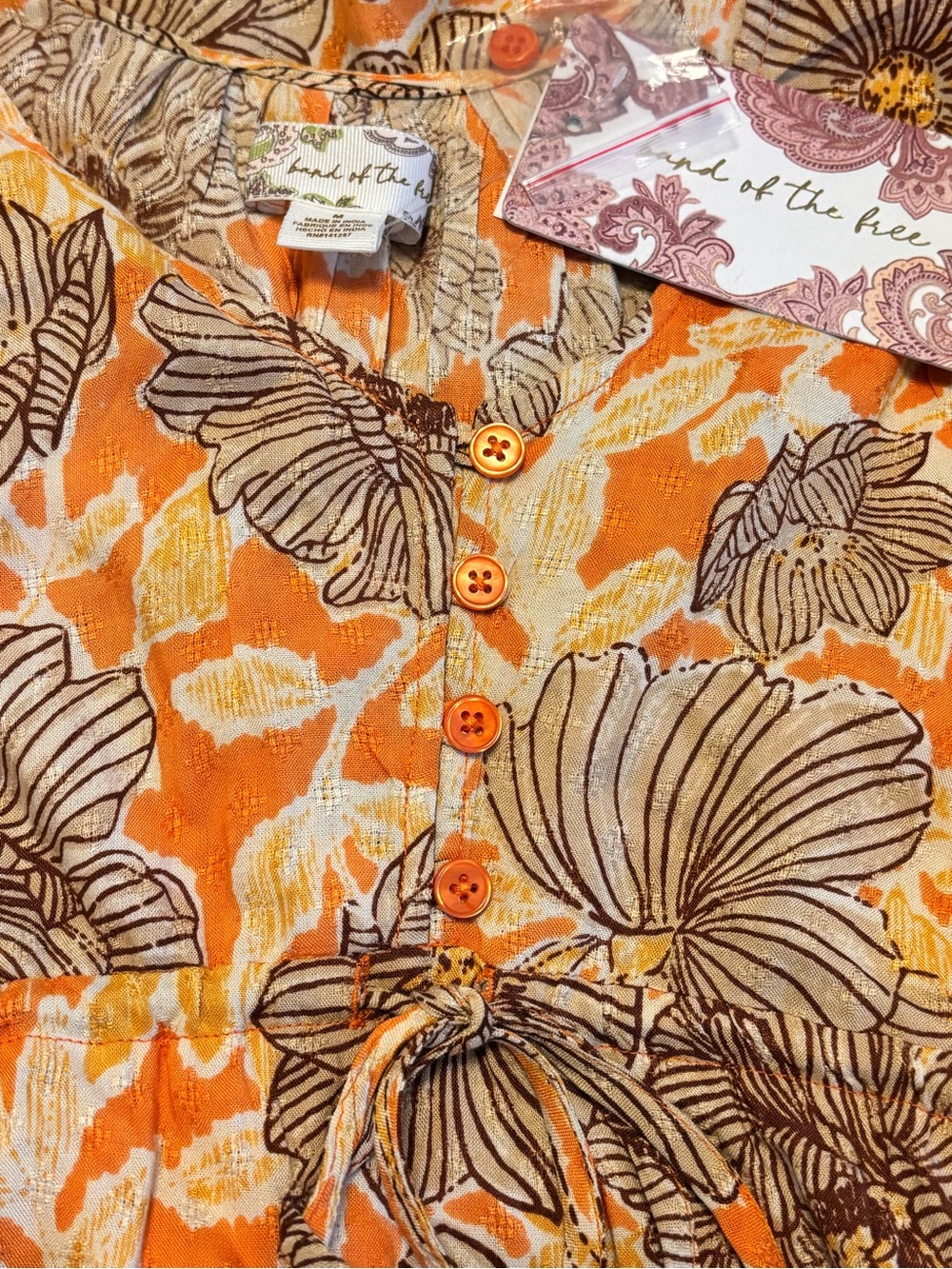 Orange Floral Midi Dress with Puff Sleeves - Picture 5 of 5